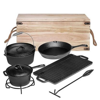 Pre-Seasoned Cast Iron Camping Cookware Set: Dutch Oven, Skillet, Pots, and Pans with Storage Box