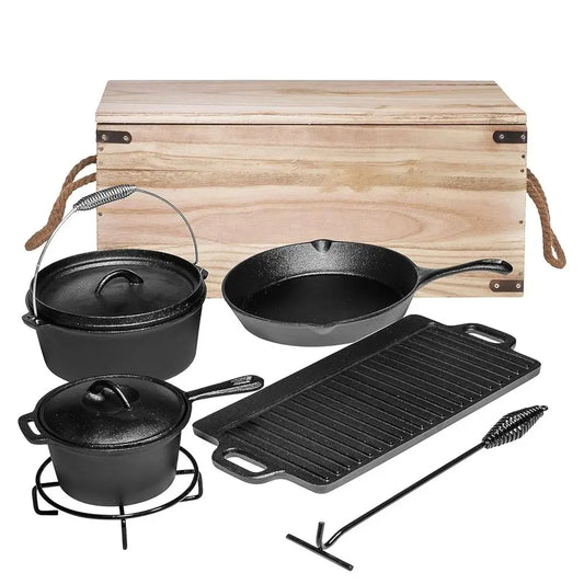 Pre-Seasoned Cast Iron Camping Cookware Set: Dutch Oven, Skillet, Pots, and Pans with Storage Box
