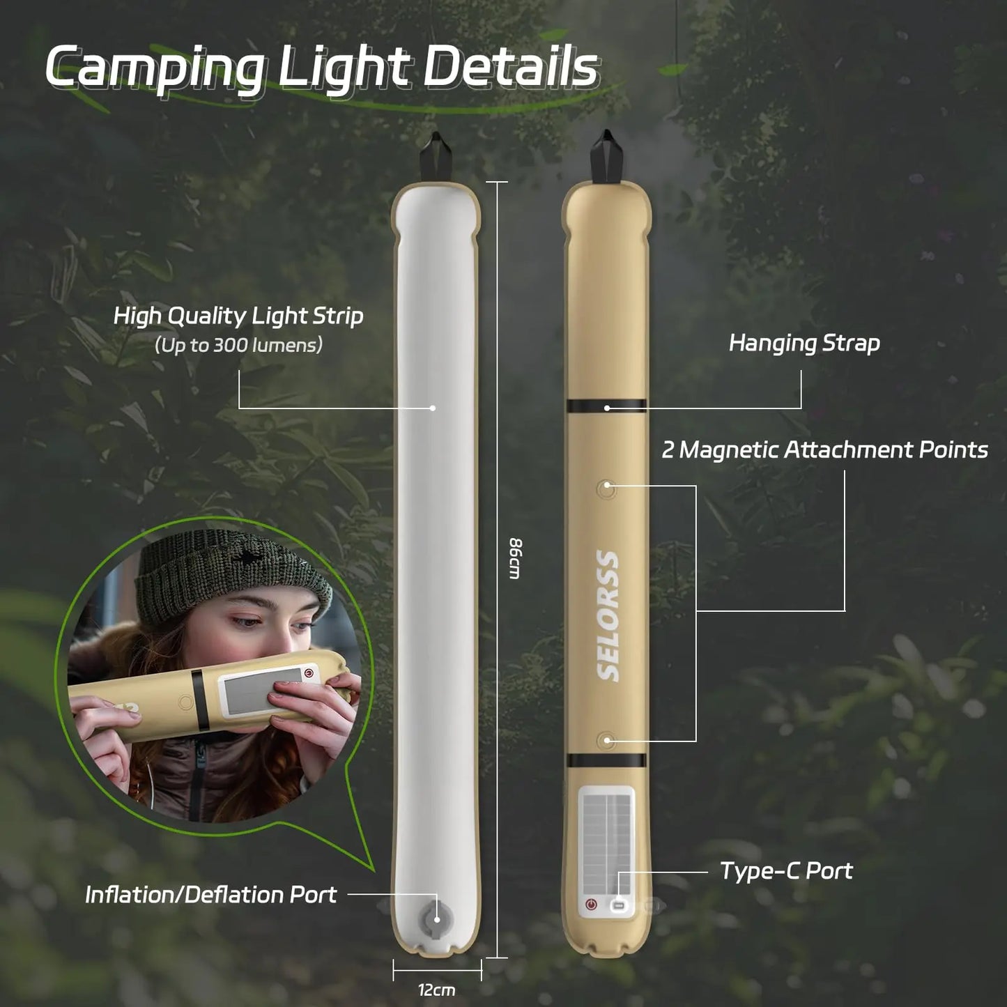 SELORSS Solar Camping Lantern 2000mAh, Waterproof, USB-Type C