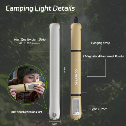 SELORSS Solar Camping Lantern 2000mAh, Waterproof, USB-Type C