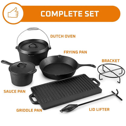 Pre-Seasoned Cast Iron Camping Cookware Set: Dutch Oven, Skillet, Pots, and Pans with Storage Box