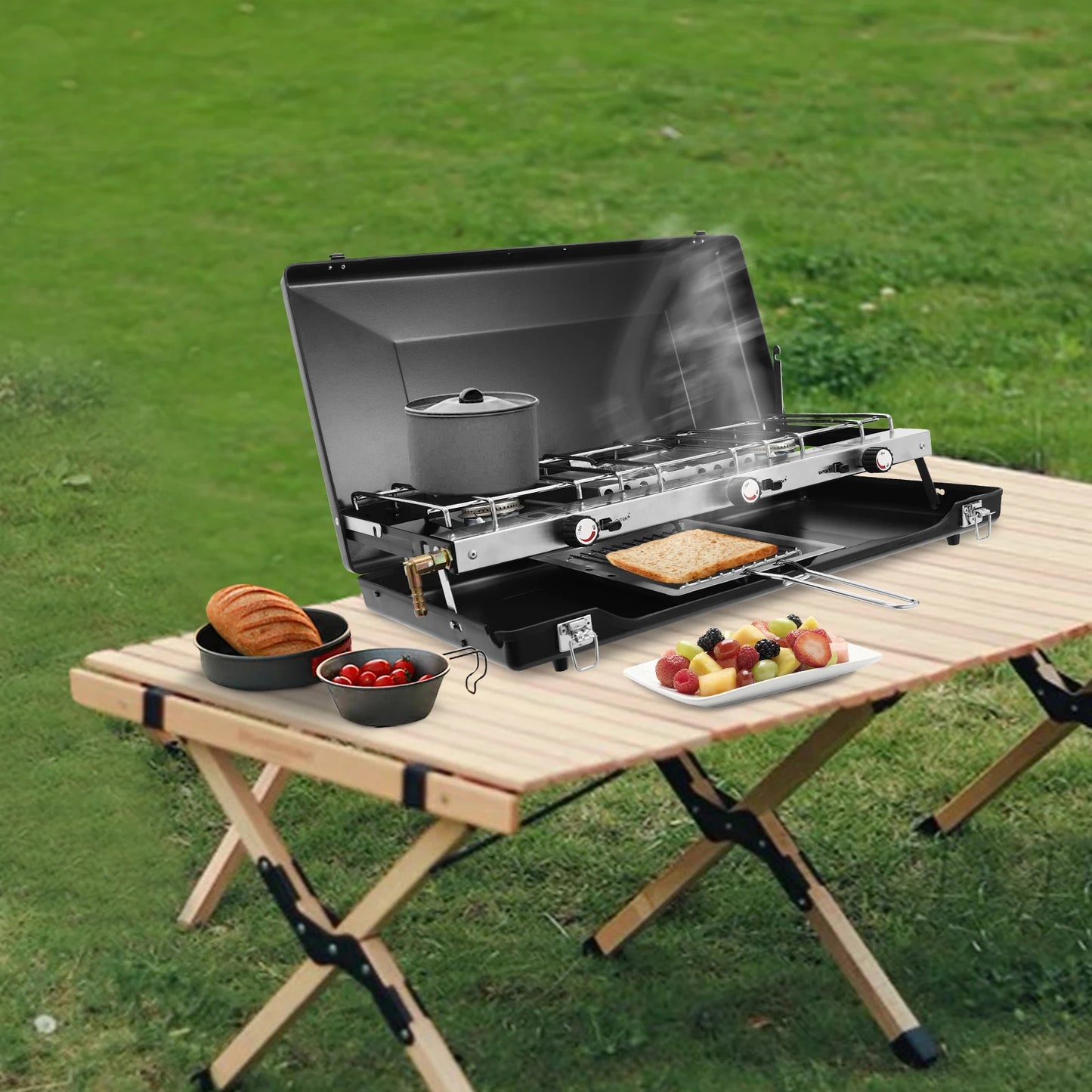 Portable Camping Stove with Griddle 3 Burner Propane Gas