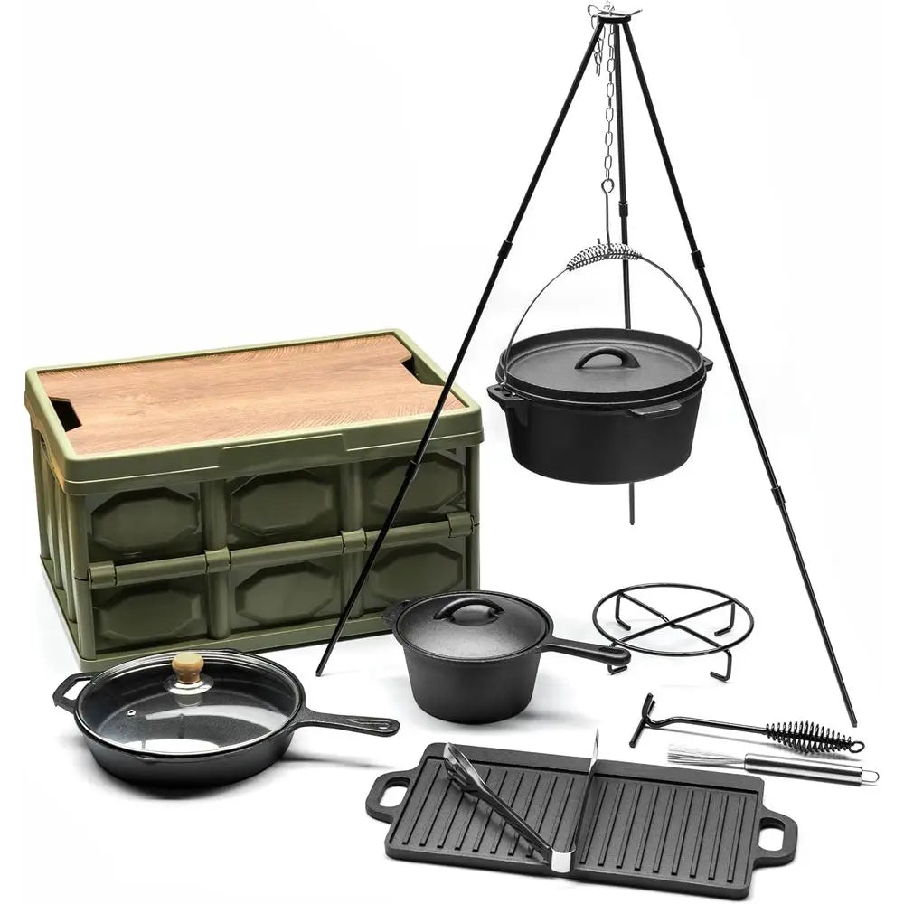 Compact 8-Piece Cast Iron Dutch Oven: 4.5 Qt & 2.1 Qt Pots, &10 Skillet