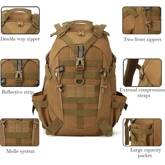 Tactical backpacks, modular loading systems, featuring reflective strips