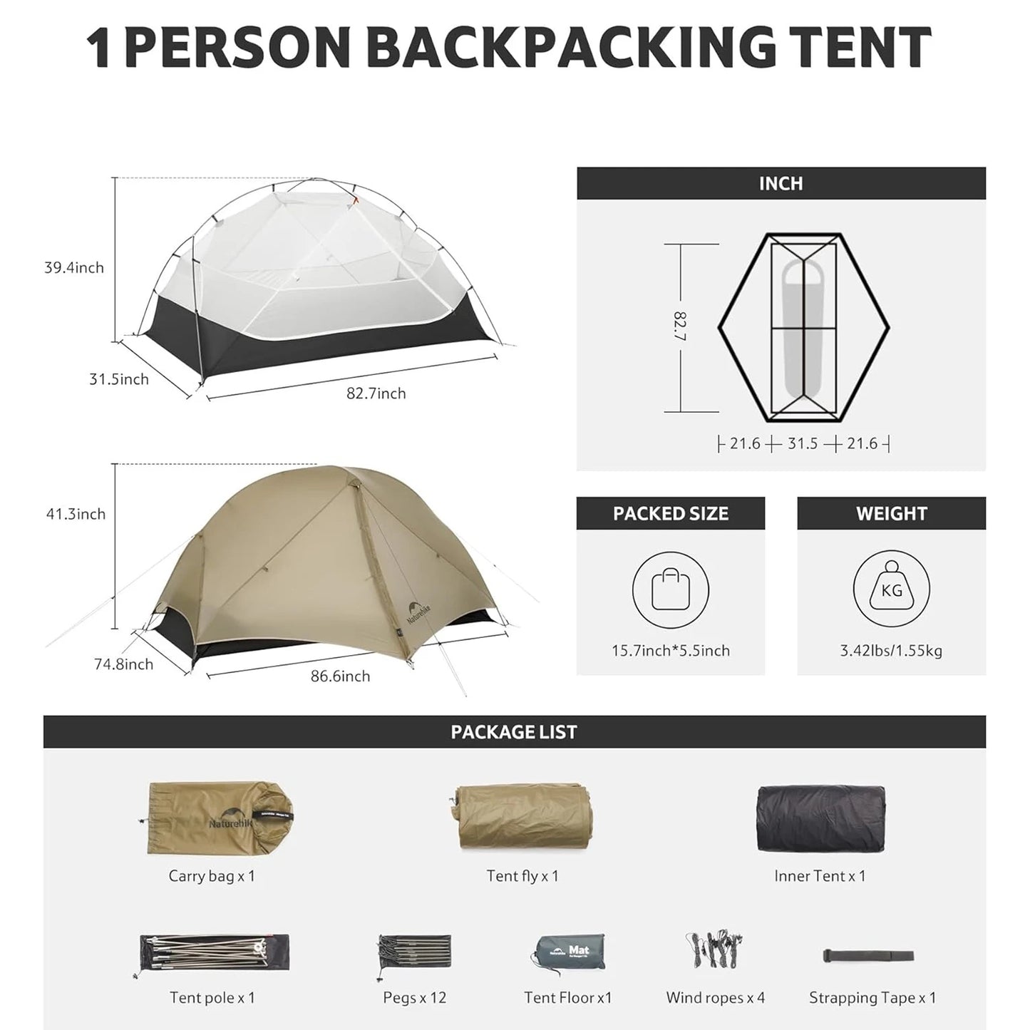Naturehike Mongar UL 1Person Ultralight Camping Tent, Double Layer, Waterproof