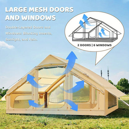 Inflatable tent camping for 1-6 people, hand pump, with skylight and chimney waterproof oxford cloth