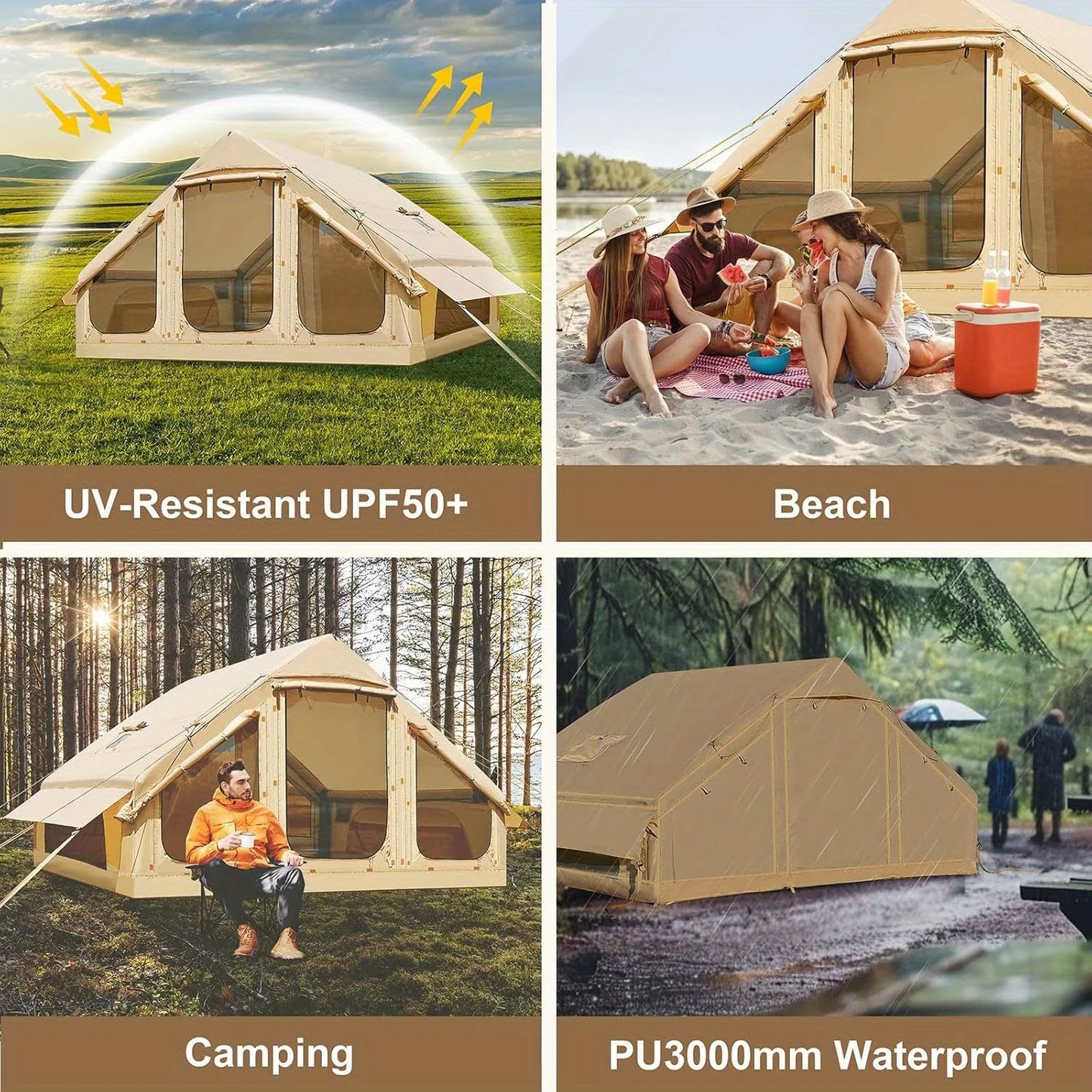 Inflatable tent camping for 1-6 people, hand pump, with skylight and chimney waterproof oxford cloth