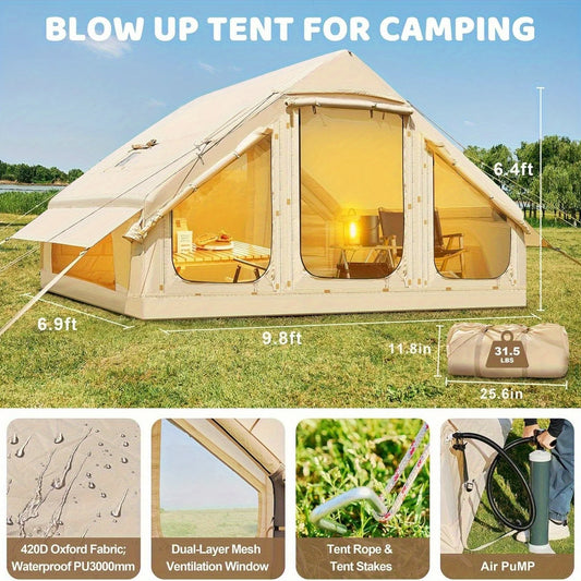Inflatable tent camping for 1-6 people, hand pump, with skylight and chimney waterproof oxford cloth