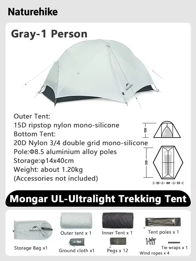 Naturehike Mongar UL 1Person Ultralight Camping Tent, Double Layer, Waterproof