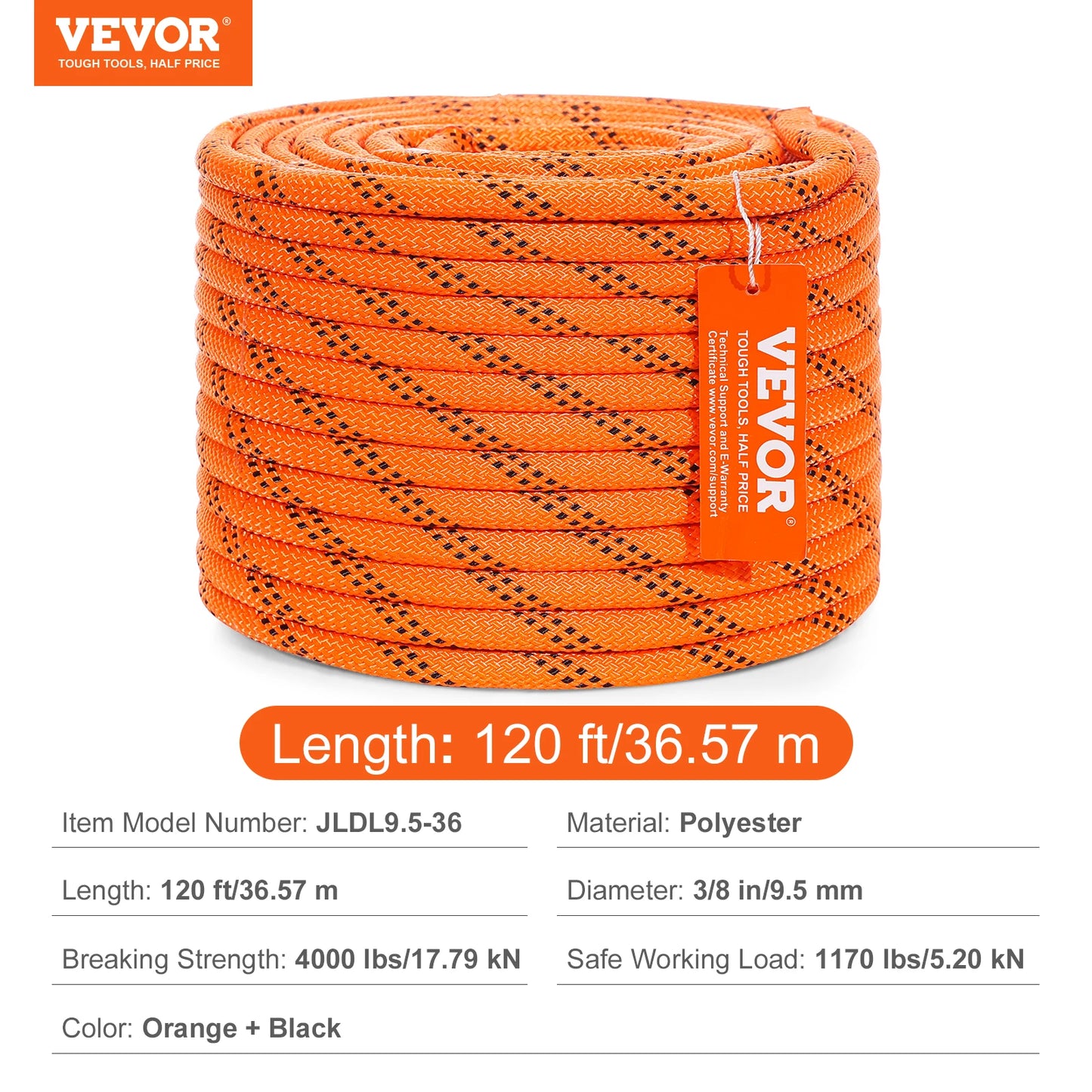 SucceBuy 120ft Dual-Weave Polyester Cord 3/8 in, 48-Strand Multi-Use Rope