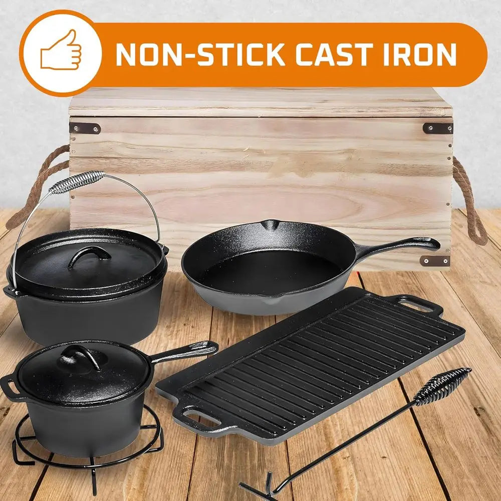 Pre-Seasoned Cast Iron Camping Cookware Set: Dutch Oven, Skillet, Pots, and Pans with Storage Box