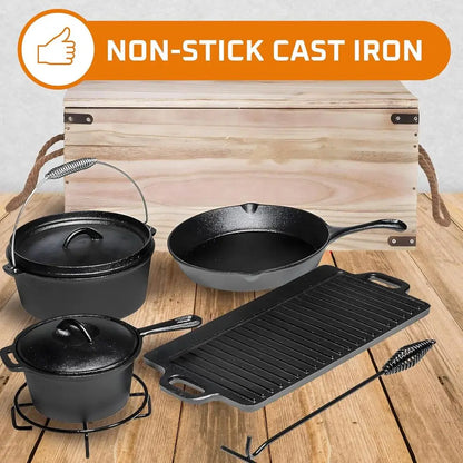 Pre-Seasoned Cast Iron Camping Cookware Set: Dutch Oven, Skillet, Pots, and Pans with Storage Box