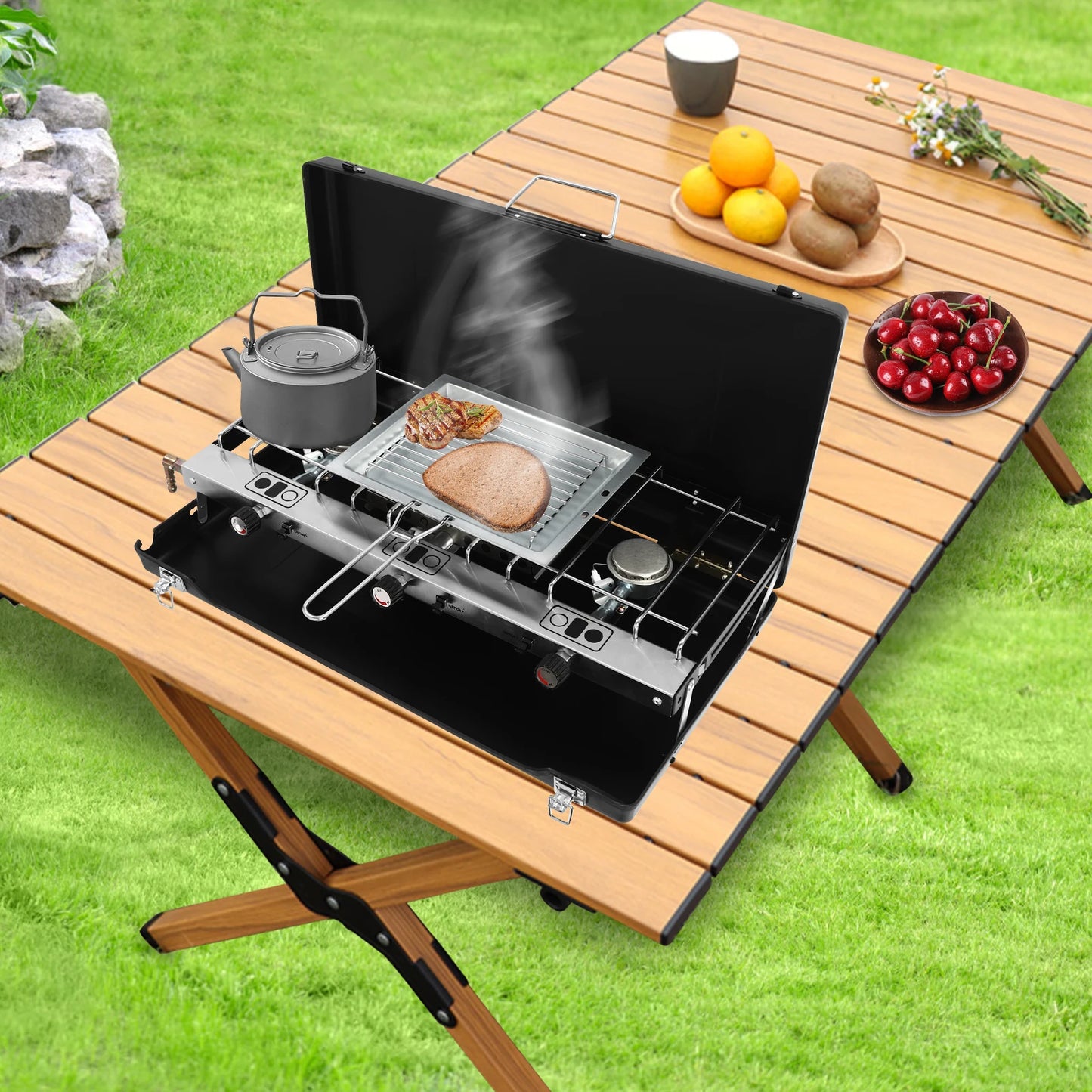 Portable Camping Stove with Griddle 3 Burner Propane Gas