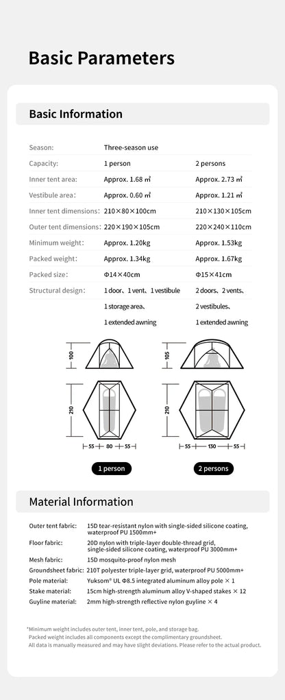 Naturehike Mongar UL 1Person Ultralight Camping Tent, Double Layer, Waterproof