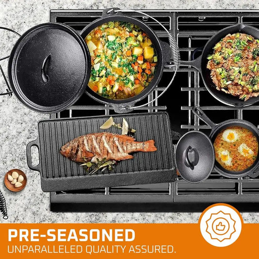 Pre-Seasoned Cast Iron Camping Cookware Set: Dutch Oven, Skillet, Pots, and Pans with Storage Box