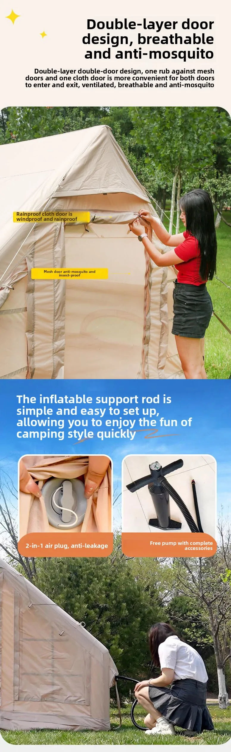 Inflatable tent camping for 1-6 people, hand pump, with skylight and chimney waterproof oxford cloth