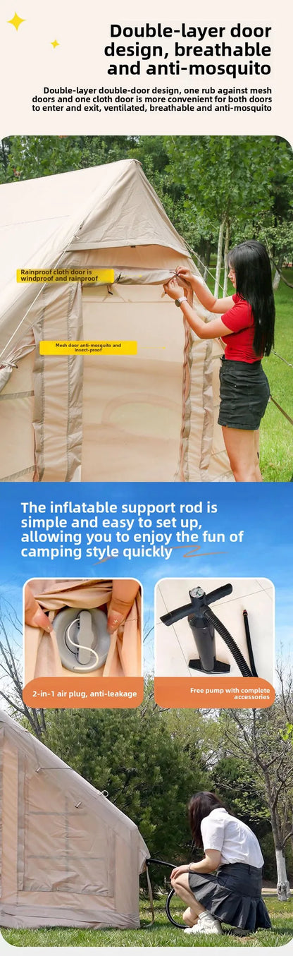Inflatable tent camping for 1-6 people, hand pump, with skylight and chimney waterproof oxford cloth