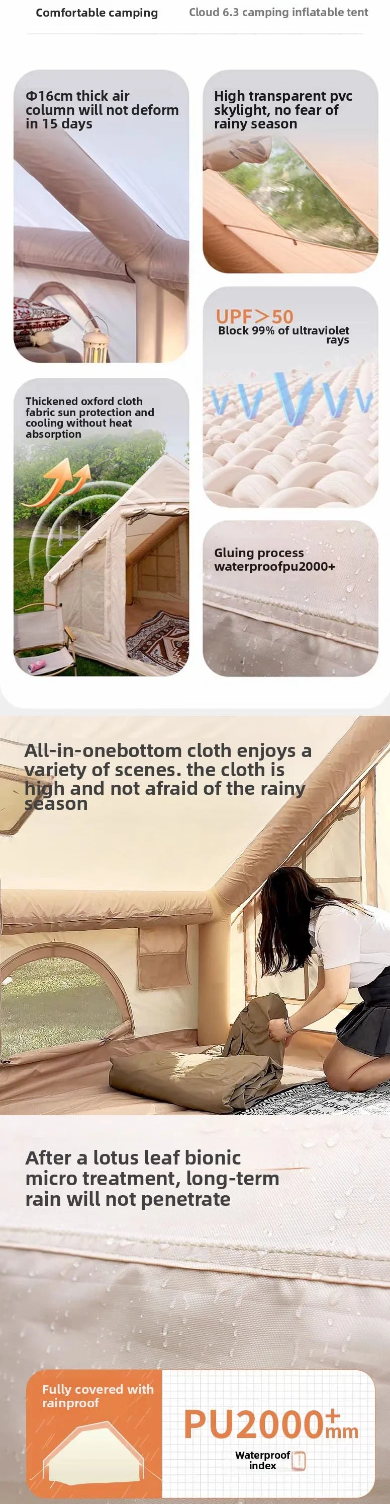 Inflatable tent camping for 1-6 people, hand pump, with skylight and chimney waterproof oxford cloth