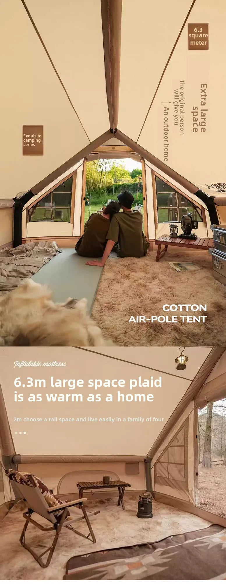 Inflatable tent camping for 1-6 people, hand pump, with skylight and chimney waterproof oxford cloth