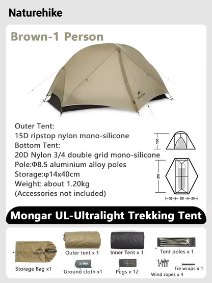 Naturehike Mongar UL 1Person Ultralight Camping Tent, Double Layer, Waterproof