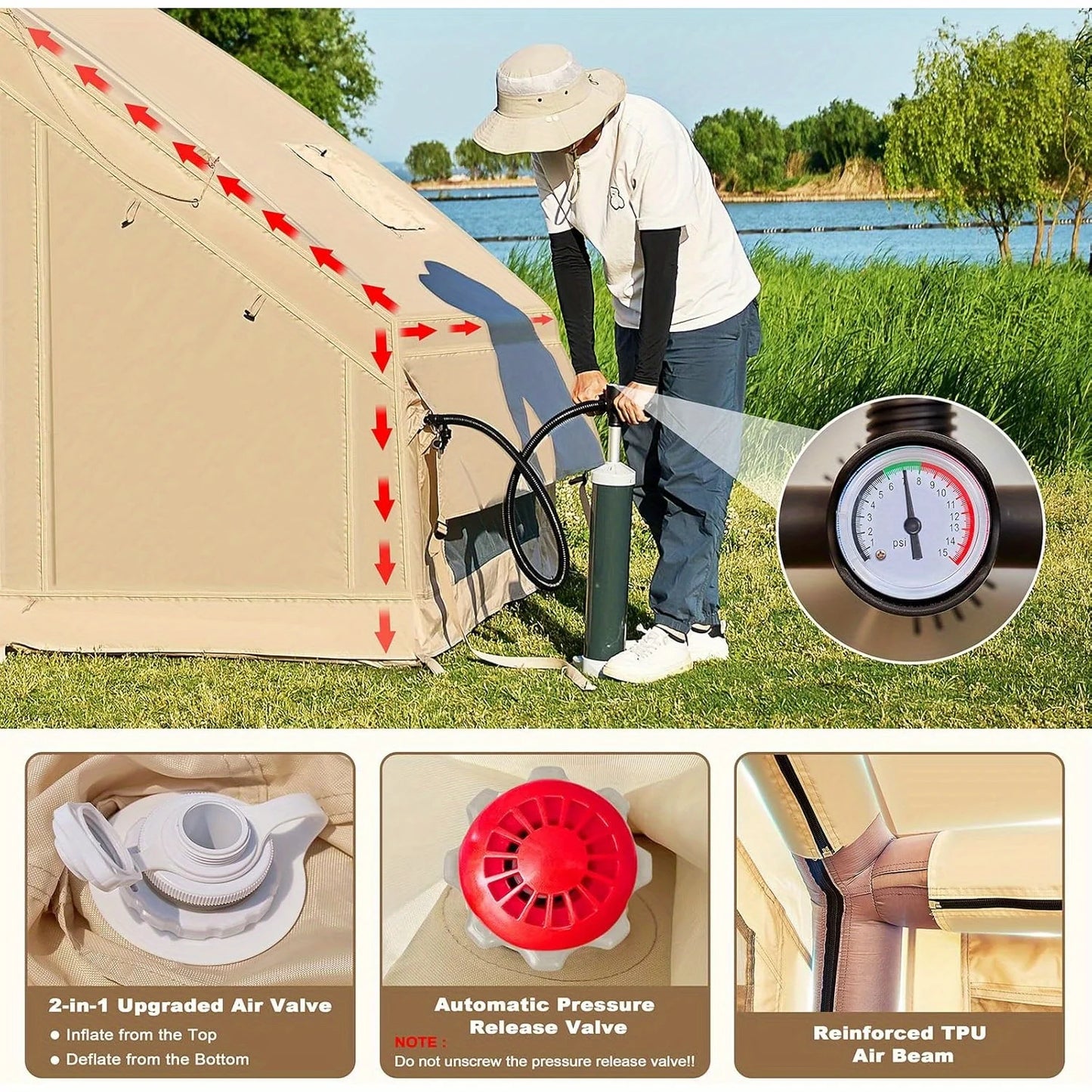 Inflatable tent camping for 1-6 people, hand pump, with skylight and chimney waterproof oxford cloth