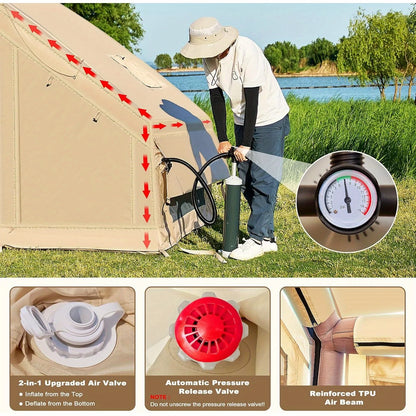 Inflatable tent camping for 1-6 people, hand pump, with skylight and chimney waterproof oxford cloth