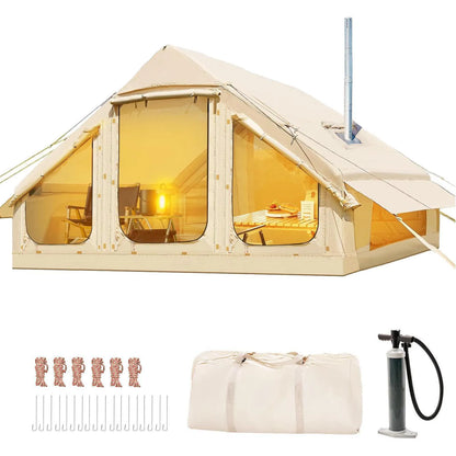 Inflatable tent camping for 1-6 people, hand pump, with skylight and chimney waterproof oxford cloth