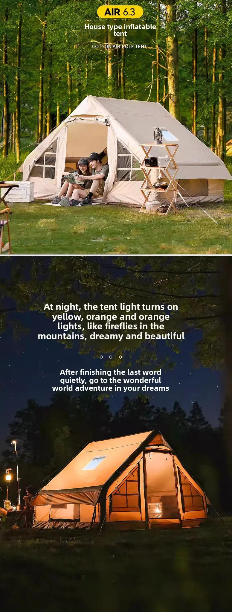 Inflatable tent camping for 1-6 people, hand pump, with skylight and chimney waterproof oxford cloth