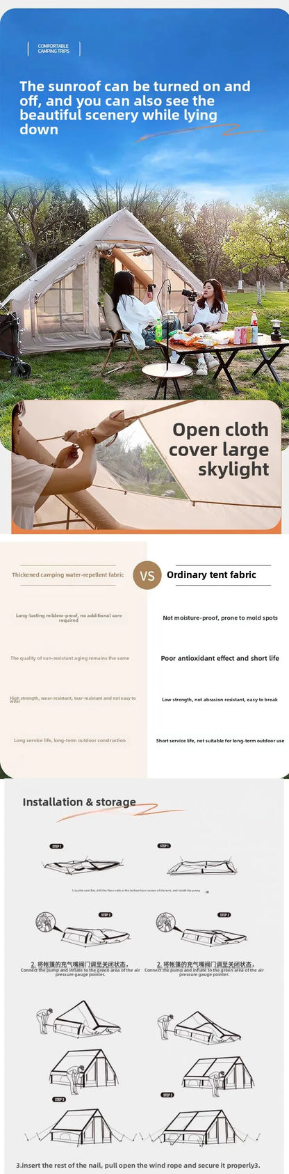 Inflatable tent camping for 1-6 people, hand pump, with skylight and chimney waterproof oxford cloth