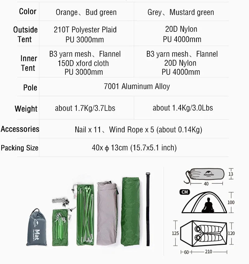 Naturehike Cloud Up 2 Person Camping Tent Waterproof Ultralight 3-4 Season Outdoor Hiking Backpacking Shelter