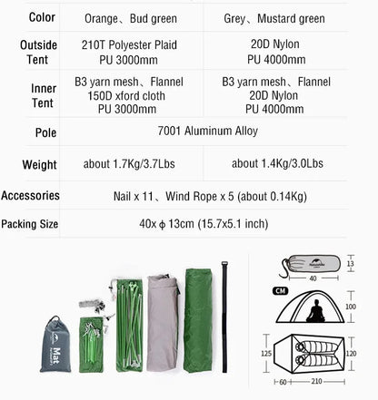 Naturehike Cloud Up 2 Person Camping Tent Waterproof Ultralight 3-4 Season Outdoor Hiking Backpacking Shelter