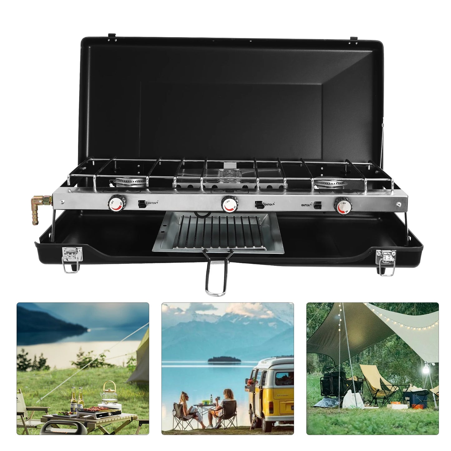 Portable Camping Stove with Griddle 3 Burner Propane Gas