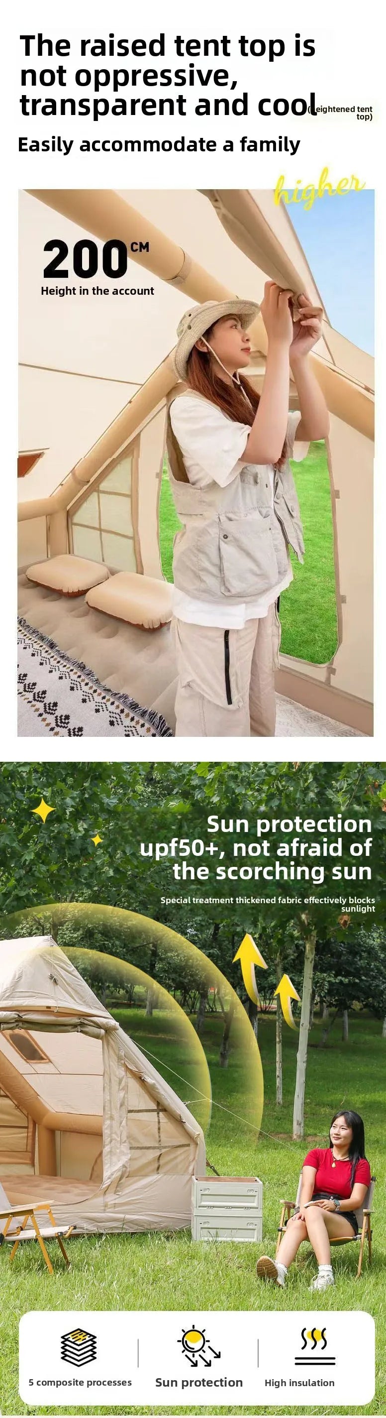 Inflatable tent camping for 1-6 people, hand pump, with skylight and chimney waterproof oxford cloth