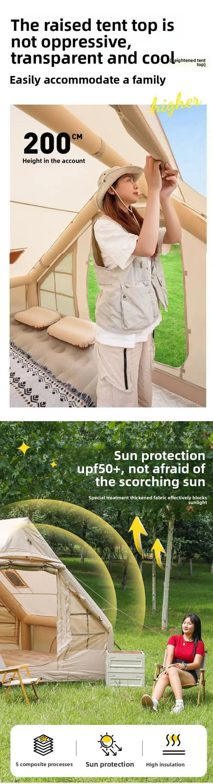 Inflatable tent camping for 1-6 people, hand pump, with skylight and chimney waterproof oxford cloth