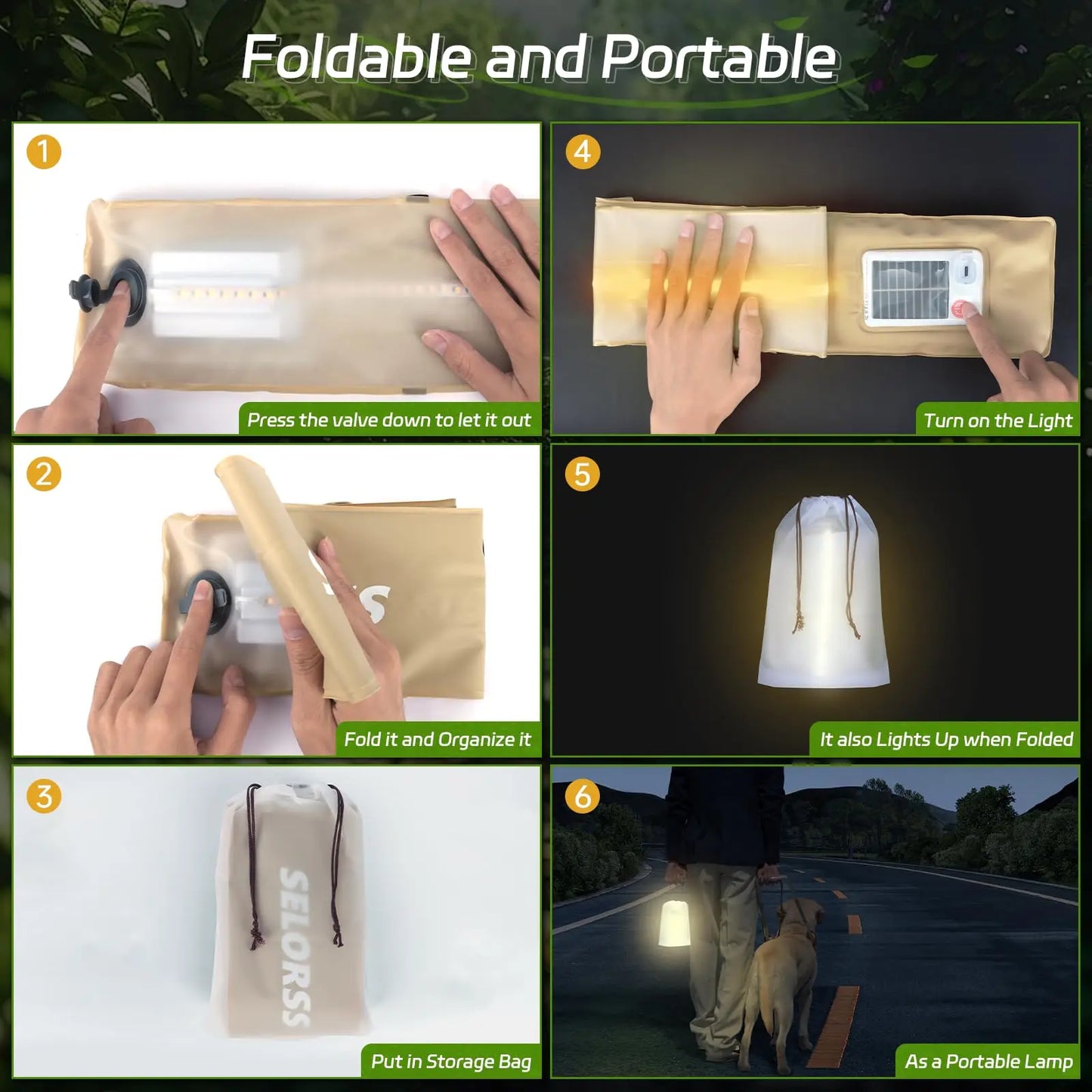 SELORSS Solar Camping Lantern 2000mAh, Waterproof, USB-Type C