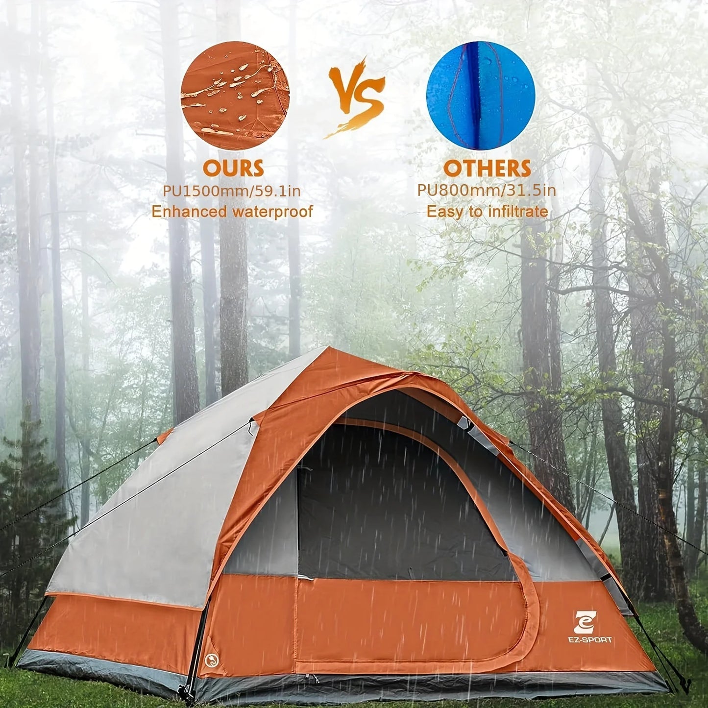 Pop Up Camping Tent - 4 Person Instant Easy Set Up  with Removable Rain Fly, Waterproof Windproof for Outdoor Camping