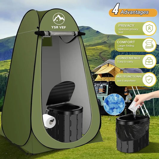 Portable Pop-Up Camping Toilet Tent with Shower, Includes Toilet Bags and Gel