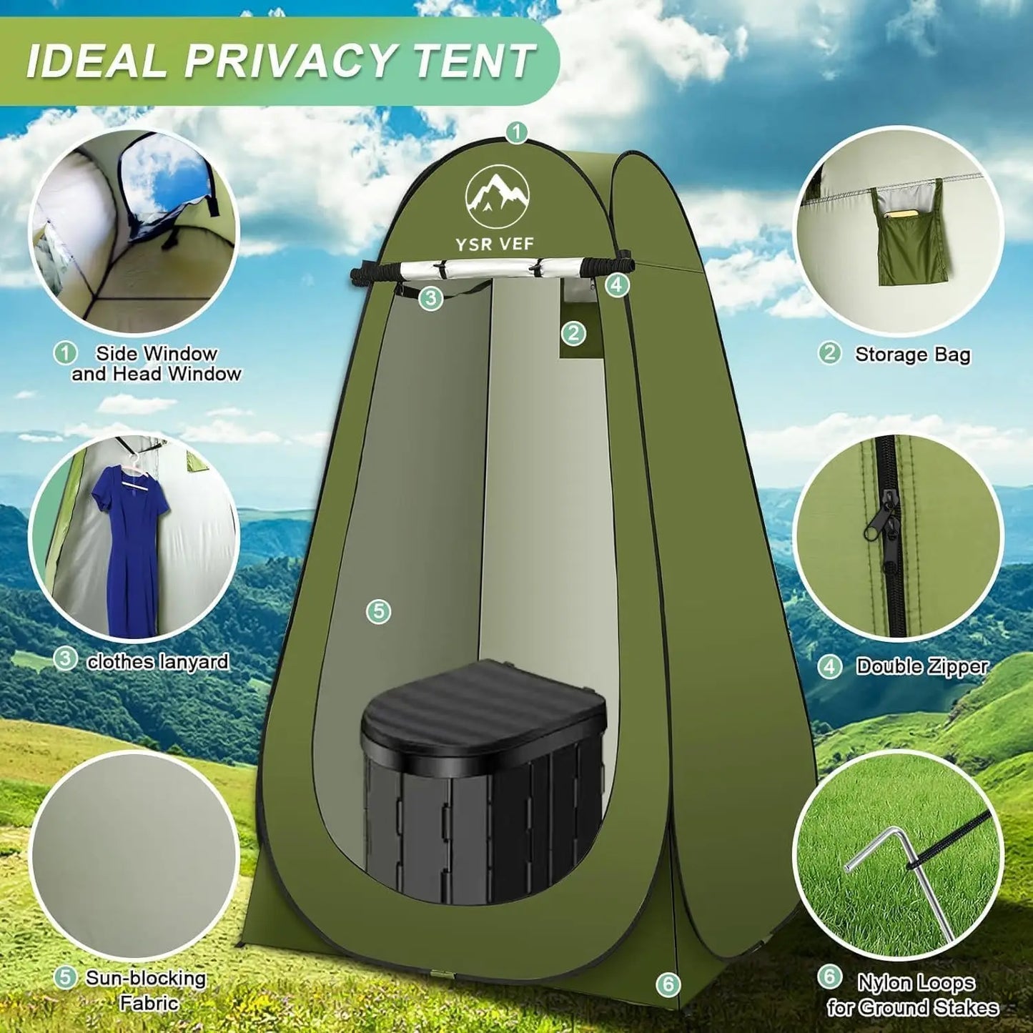 Portable Pop-Up Camping Toilet Tent with Shower, Includes Toilet Bags and Gel