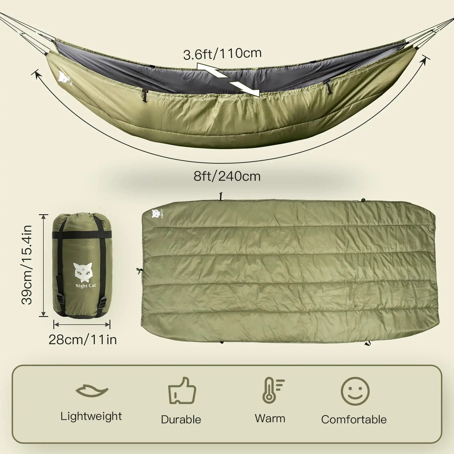 Night Cat Hammock Underquilts Sleeping Bag, 5-20℃ 8x3.6ft