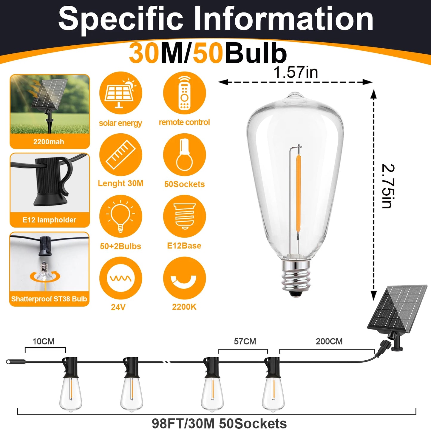 LED String Lights, USB Recharger, 8 Light Modes w/ Remote Control