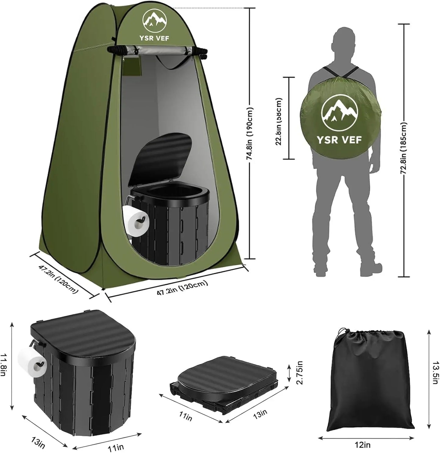 Portable Pop-Up Camping Toilet Tent with Shower, Includes Toilet Bags and Gel