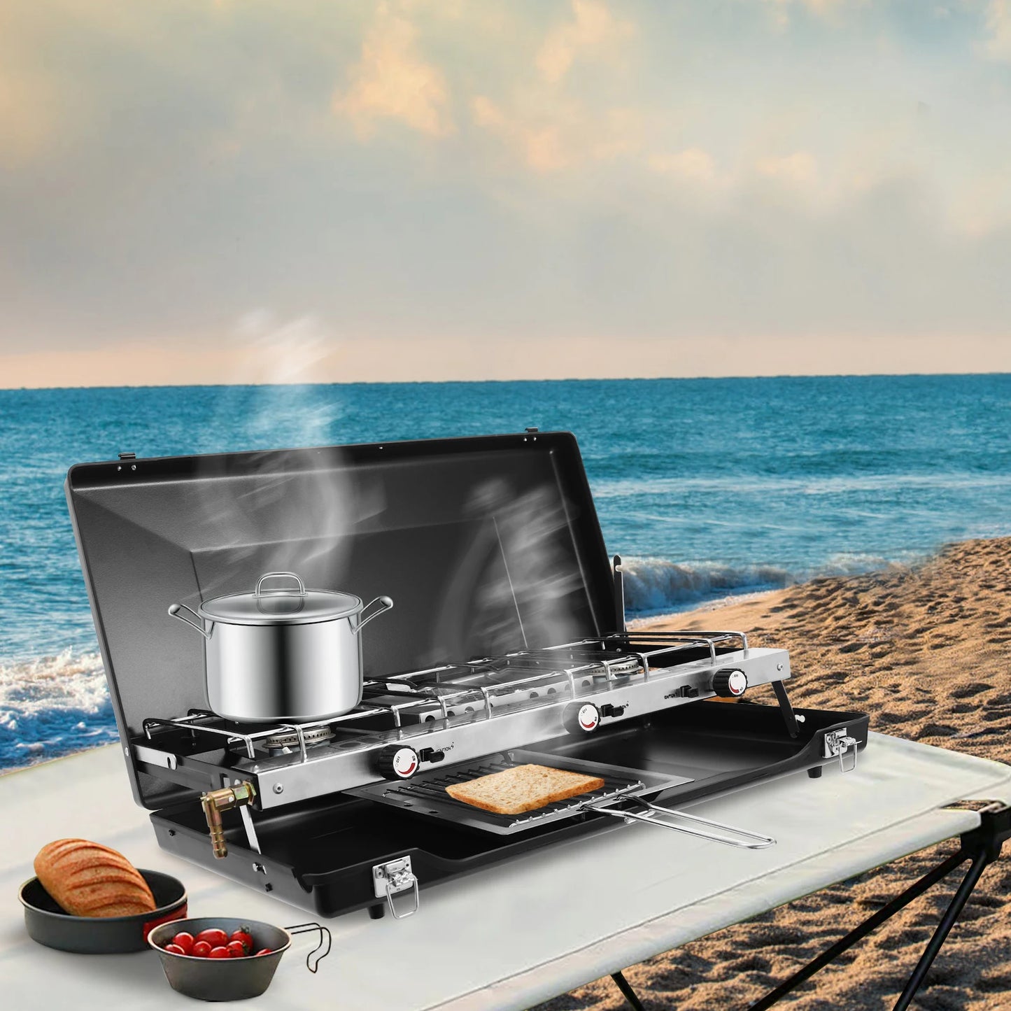 Portable Camping Stove with Griddle 3 Burner Propane Gas
