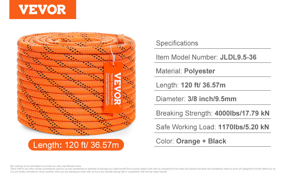 SucceBuy 120ft Dual-Weave Polyester Cord 3/8 in, 48-Strand Multi-Use Rope